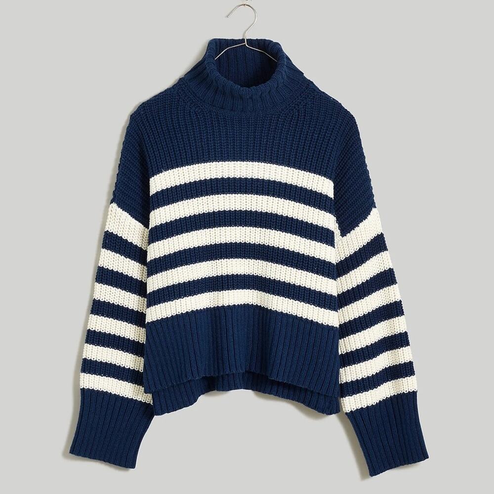 Madewell Wide Rib Turtleneck Sweater Navy and White Striped Women’s size XXS - Picture 3 of 11